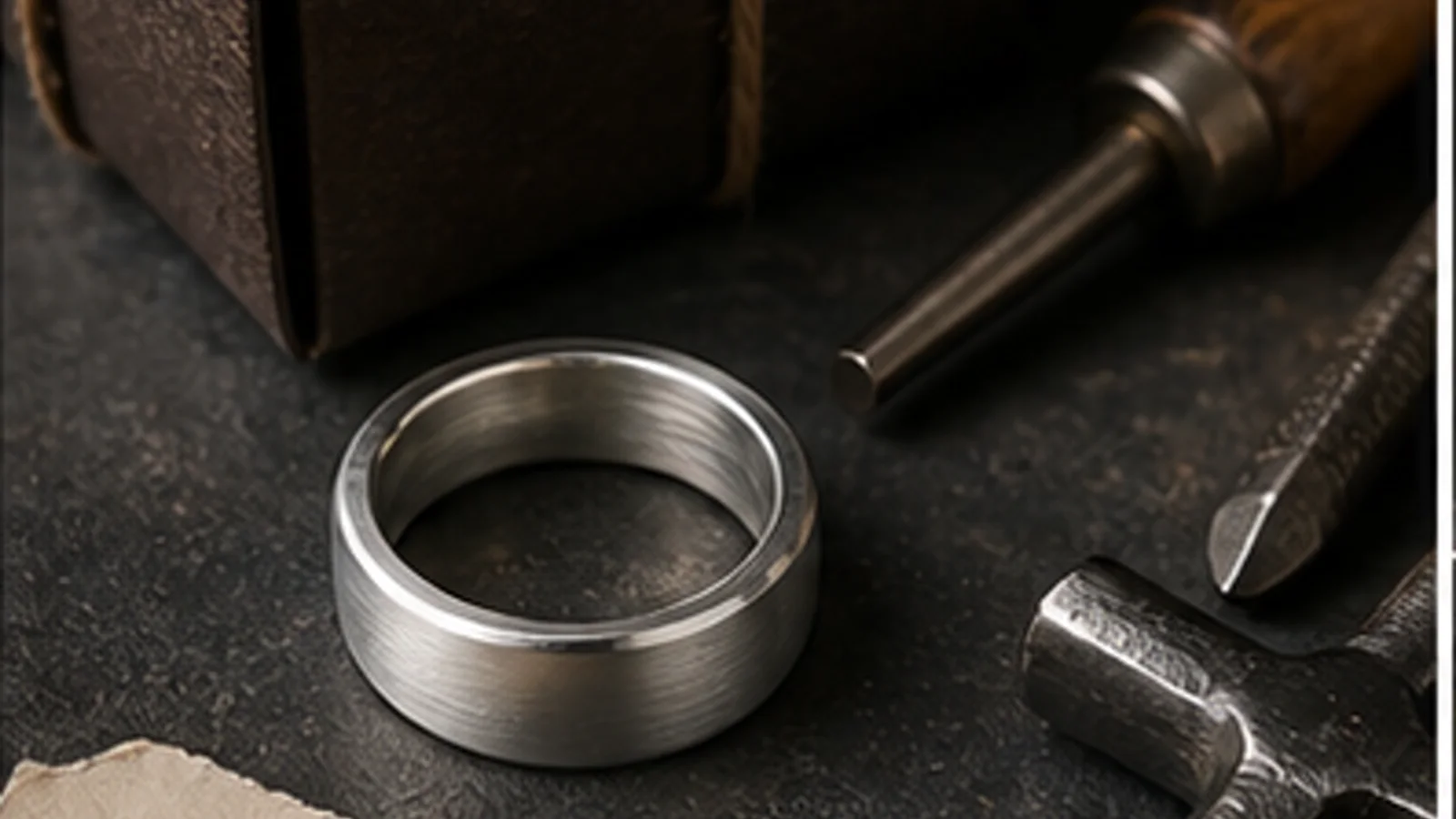 Signature ring idea board with handwriting, a workbench, and restrained jewelry materials