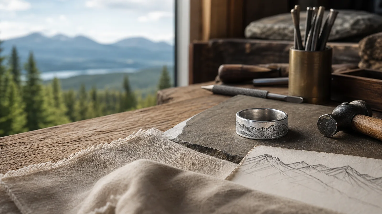 Laurentides-inspired artisan ring concept with mountain craft notes and engraved keepsake details